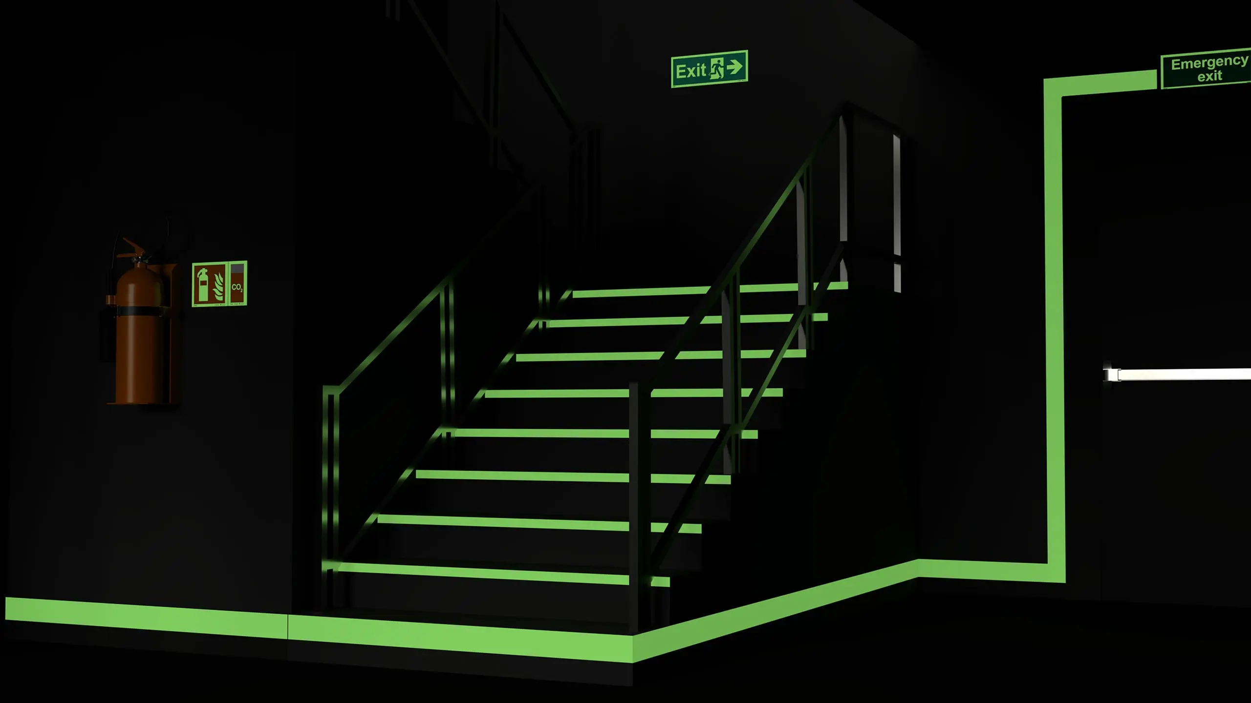 dark room with luminous on green low location lighting system