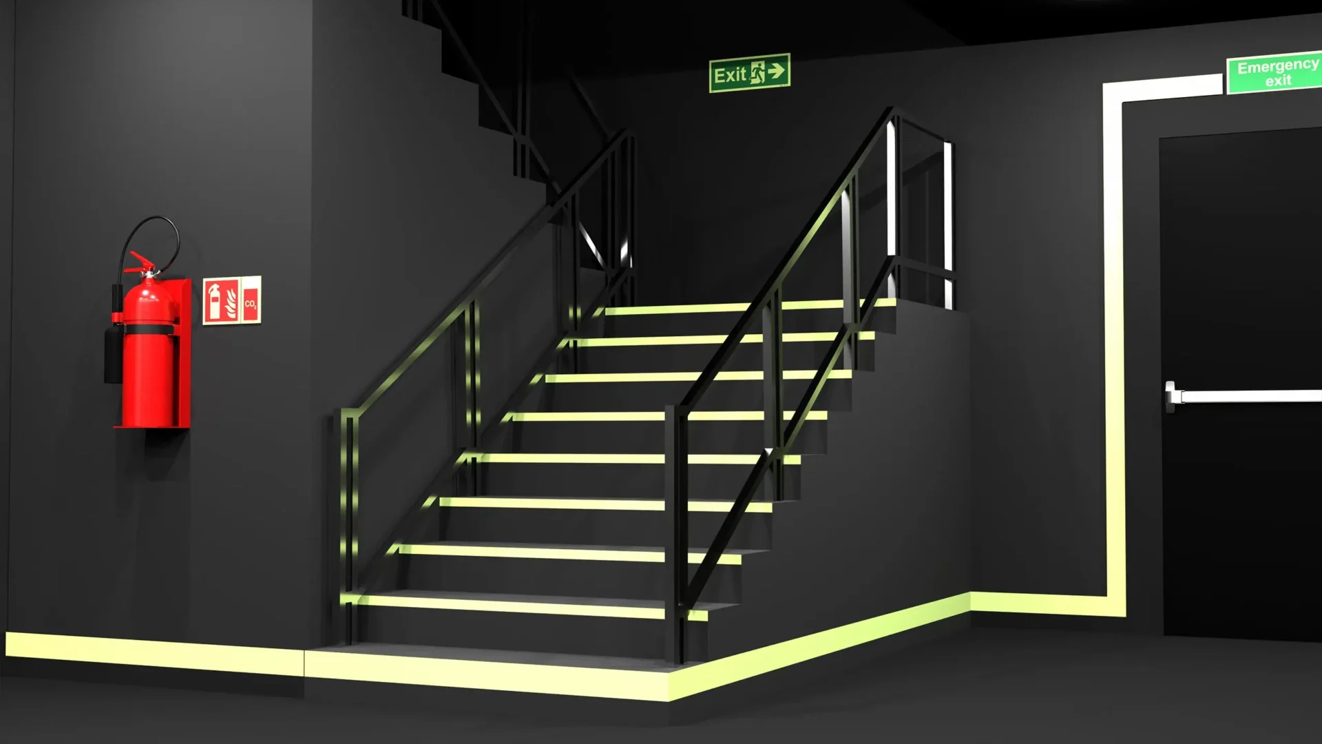 dark room with stairs and glowing low location lighting system