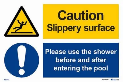 Warning and mandatory signs with notice caution slippery surface please use the shower