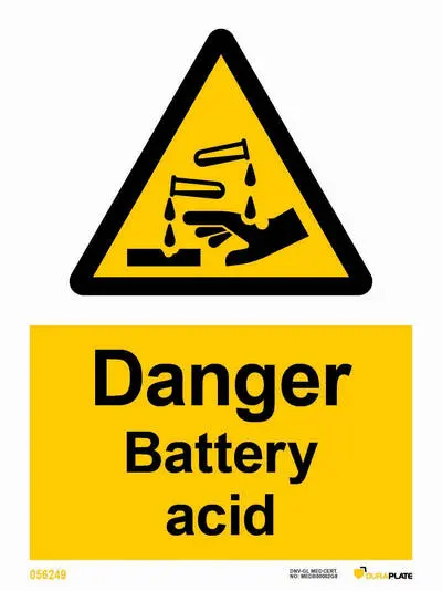 Warning sign with notice danger battery acid