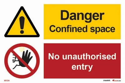 Warning and prohibition signs with notice danger confined space, no unauthorised entry