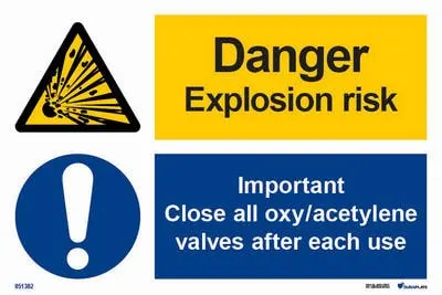 Warning and mandatory signs with notice danger explosion risk importantclose all oxy/acetylene valves after each use