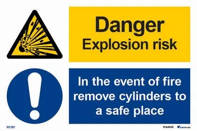 Warning and mandatory signs with notice danger explosion risk in the event of a fire remove cylinders to a safe place