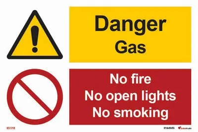 Warning and prohibition signs with notice danger gas no fire no open lights no smoking
