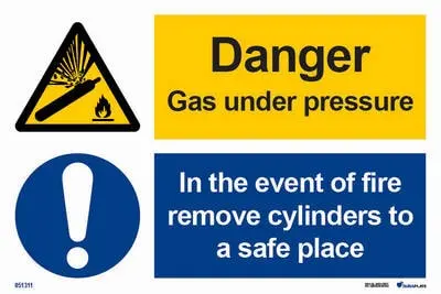 Warning and mandatory signs with notice danger gas under pressure in case of fire remove cylinders
