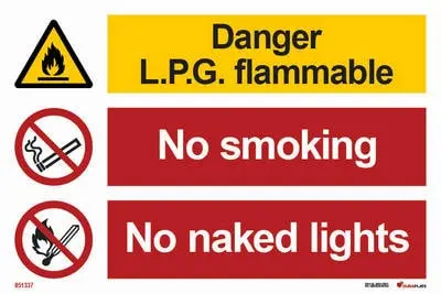 Warning and prohibition signs with notice Danger L.P.G. flammable no smoking no naked lights