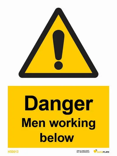 Danger men working below sign with notice