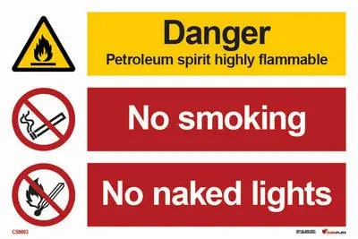 Warning and prohibition signs with notice danger petroleum spirit highly flammable