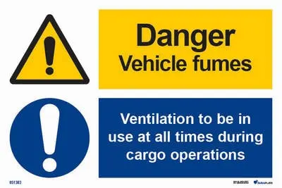 Warning and mandatory signs with notice danger vehicle fumes