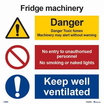 Prohibition mandatory and warning signs fridge machinery
