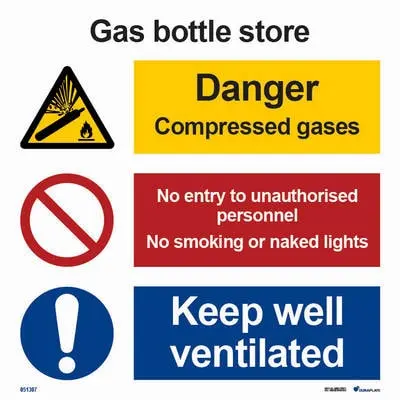Prohibition mandatory and warning signs gas bottle store