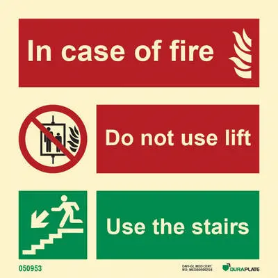 Fire fighting equipment sign in case of fire, do not use elevators use the stairs