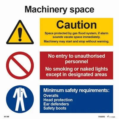 Warning prohibition and mandatory signs with notice machinery space