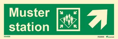 Means of escape sign muster station with arrow diagonally up right