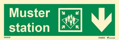 Means of escape sign muster station with arrow down