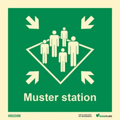 Means of escape sign muster station with text