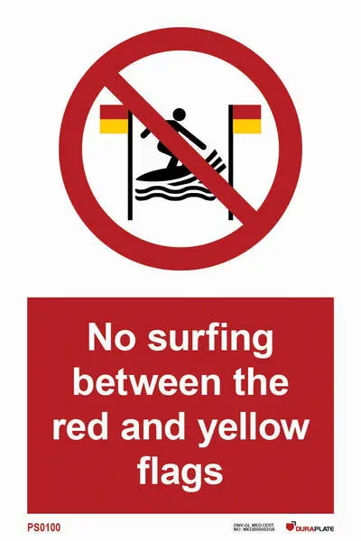 Prohibition sign with notice no surfing between the red and yellow flags