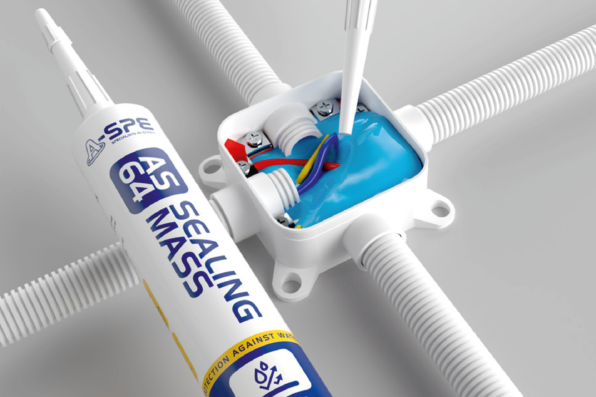 electric installation in white pvc pipe with sealing mass