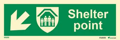 Means of escape sign shelter point with arrow diagonally down left
