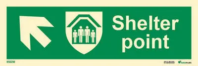 Means of escape sign shelter point with arrow diagonally up left
