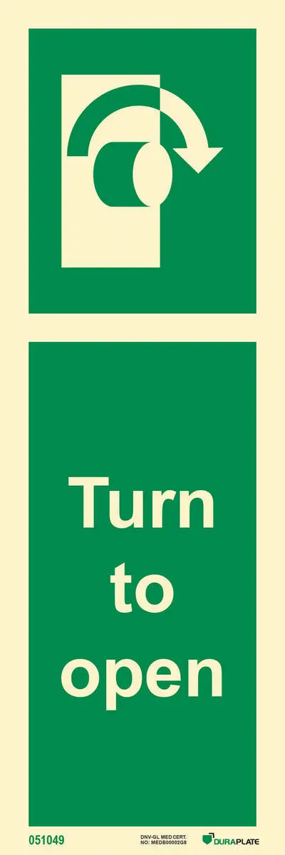 Means of escape sign turn to open clockwise
