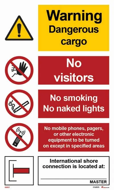 Prohibition and warning sign dangerous cargo gangway notice