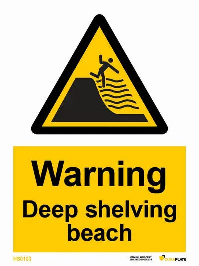 Warning deep shelving beach sign and notice