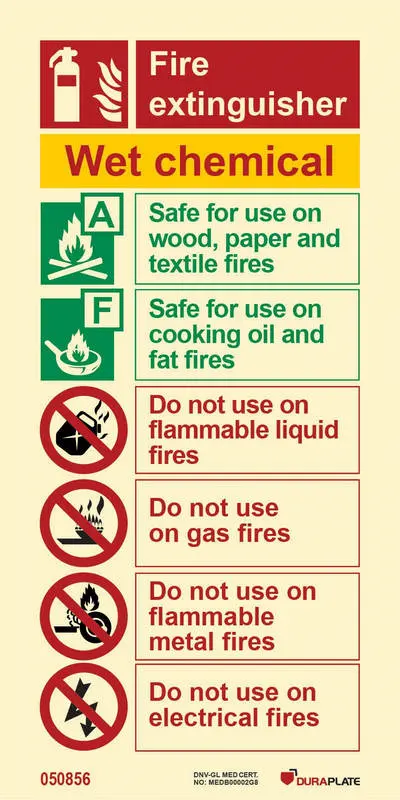 Fire fighting equipment sign wet chemical fire extinguisher